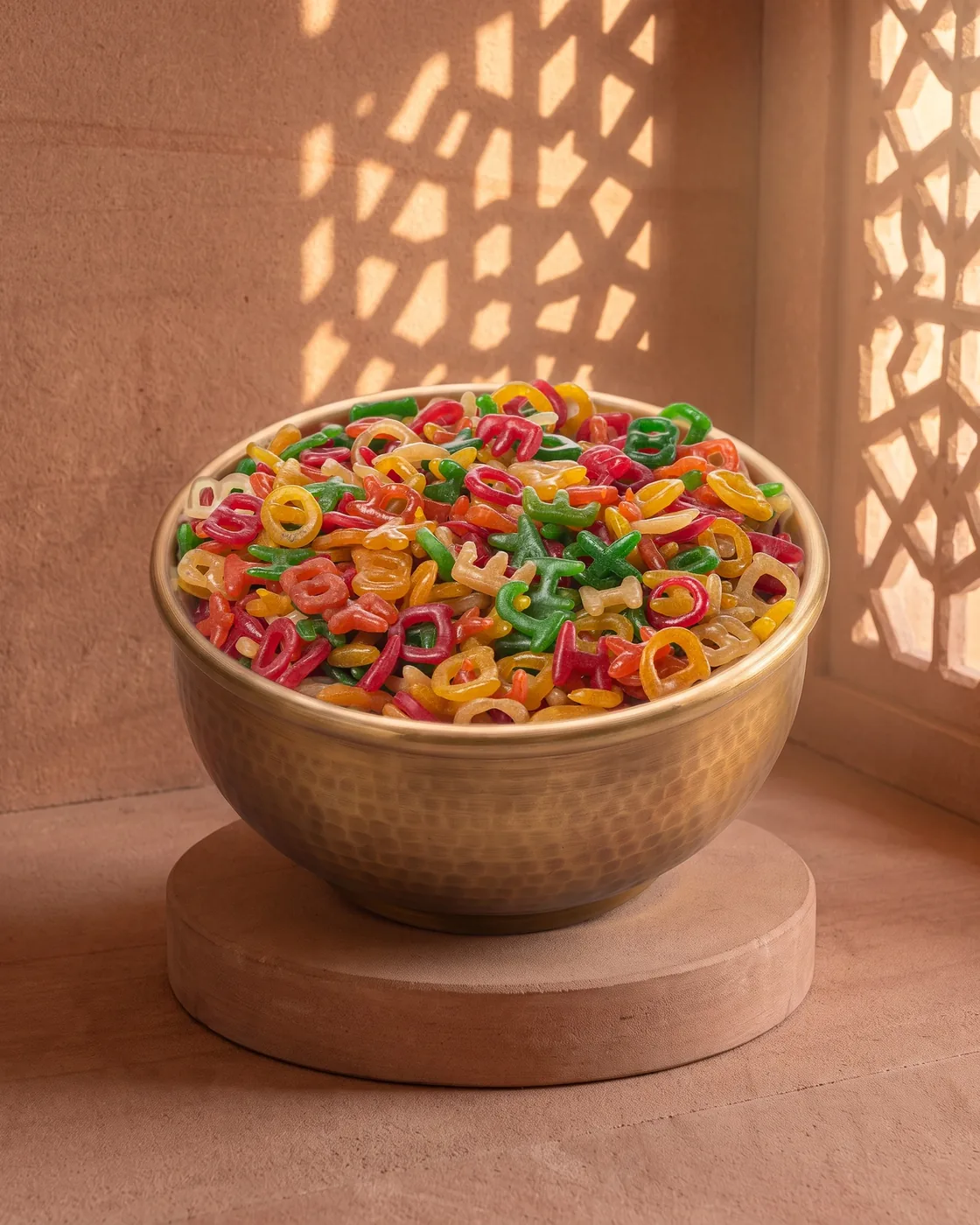 A brass bowl of Suvidha Papad ABCD alphabet fryums on a sandstone plinth in Bikaner jali sunlight