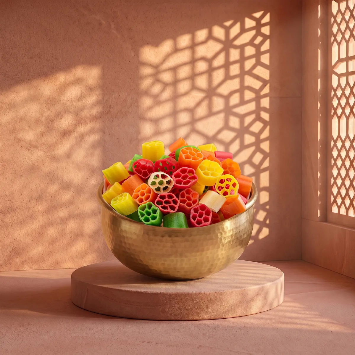 A brass bowl of Suvidha Papad Fool on a sandstone plinth in jali sunlight